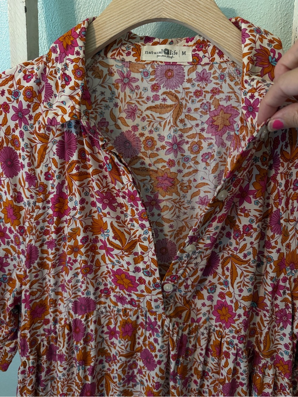 NATURAL LIFE Pink Orange Floral Tiered Dress Button Peasant Boho Size M